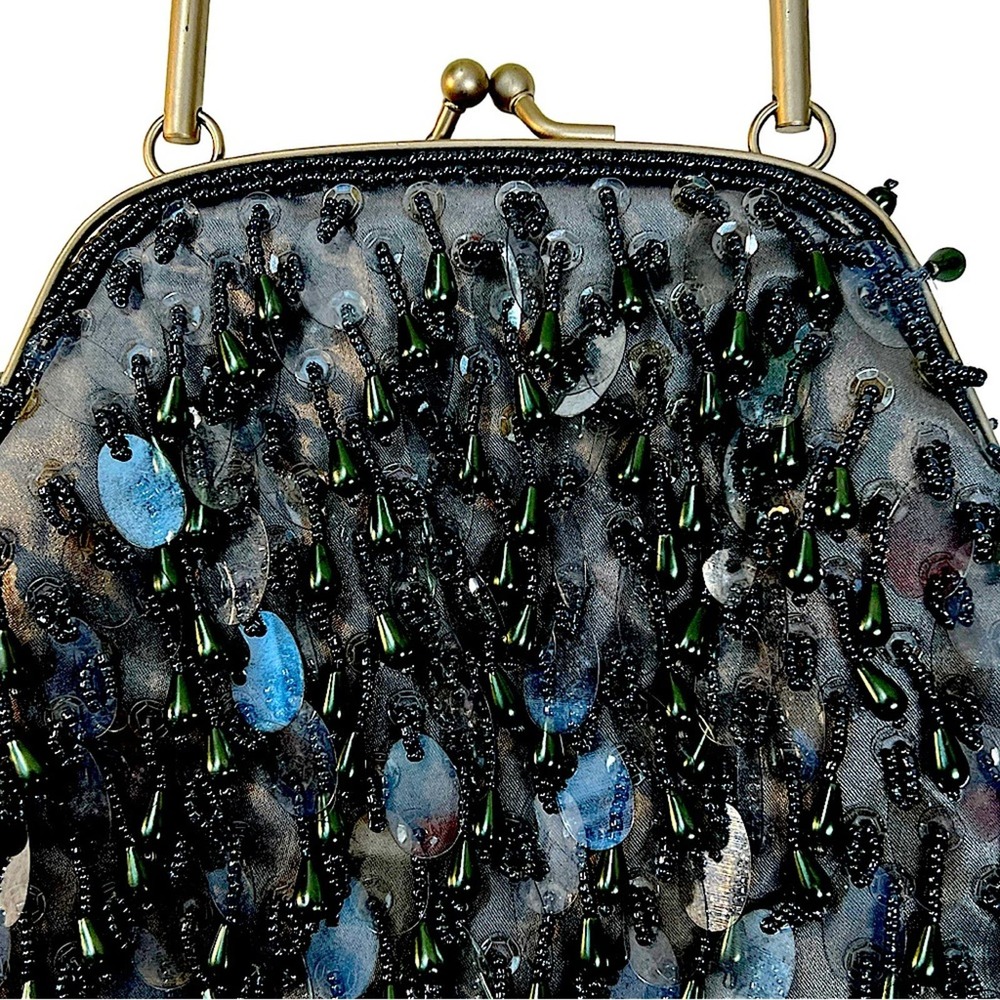 LOFT Black Bead and Sequin Satin Embellished Evening Clutch Pewter hardware NWOT - Picture 10 of 11